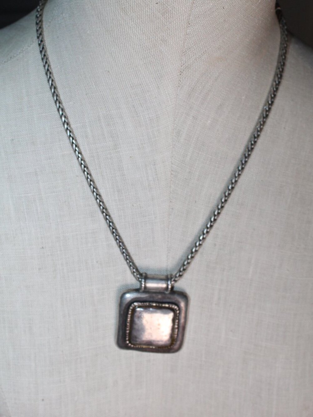 Chico's Silver Tone Square Pendant Necklace, Twisted Rope Chain, 22 Inches
